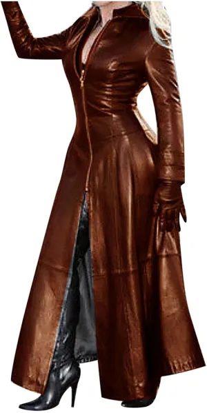 YRAETENM Leather Trench Coat Women Long Sleeve Zipper Dress Jacket Fashion Mock Neck Ankle Length Overcoat Waterproof Outwear