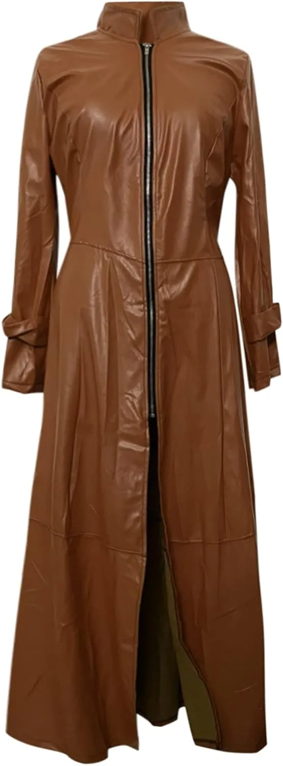 YRAETENM Leather Trench Coat Women Long Sleeve Zipper Dress Jacket Fashion Mock Neck Ankle Length Overcoat Waterproof Outwear