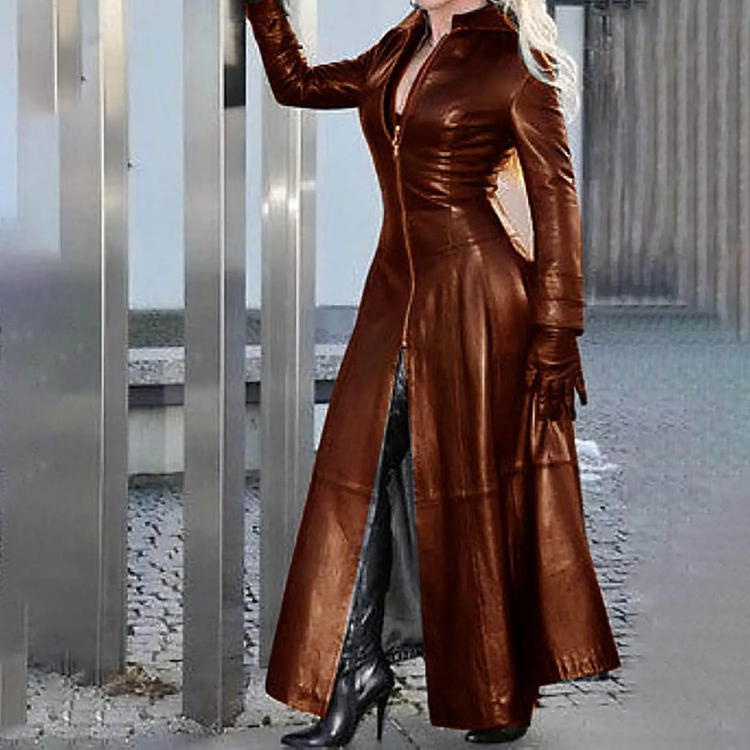 YRAETENM Leather Trench Coat Women Long Sleeve Zipper Dress Jacket Fashion Mock Neck Ankle Length Overcoat Waterproof Outwear