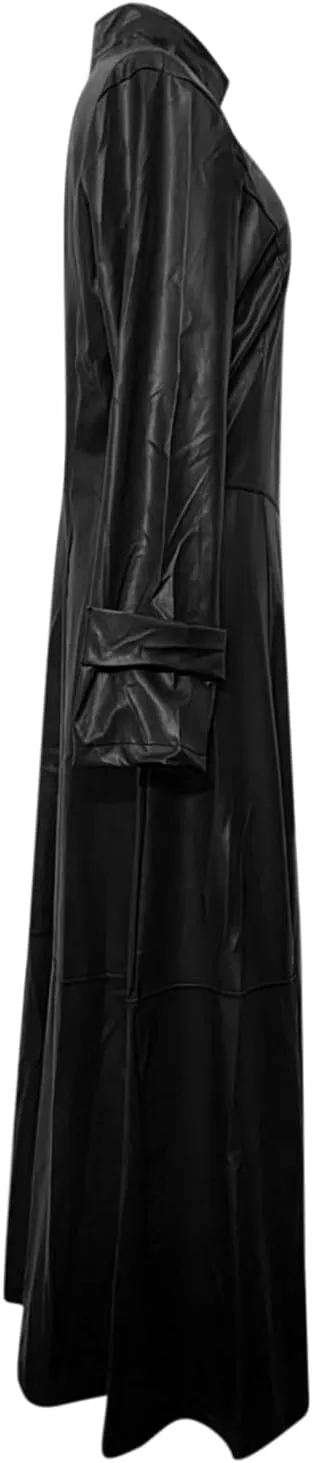 YRAETENM Leather Trench Coat Women Long Sleeve Zipper Dress Jacket Fashion Mock Neck Ankle Length Overcoat Waterproof Outwear