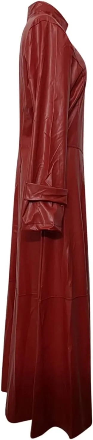 YRAETENM Leather Trench Coat Women Long Sleeve Zipper Dress Jacket Fashion Mock Neck Ankle Length Overcoat Waterproof Outwear