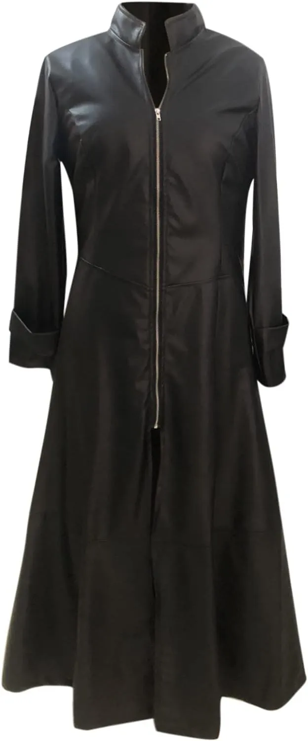 YRAETENM Leather Trench Coat Women Long Sleeve Zipper Dress Jacket Fashion Mock Neck Ankle Length Overcoat Waterproof Outwear