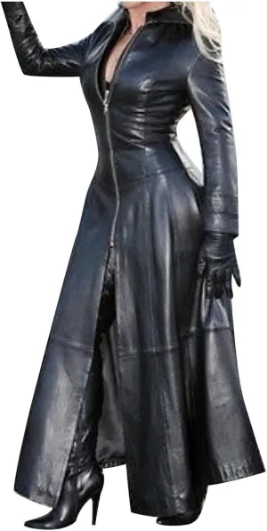 YRAETENM Leather Trench Coat Women Long Sleeve Zipper Dress Jacket Fashion Mock Neck Ankle Length Overcoat Waterproof Outwear