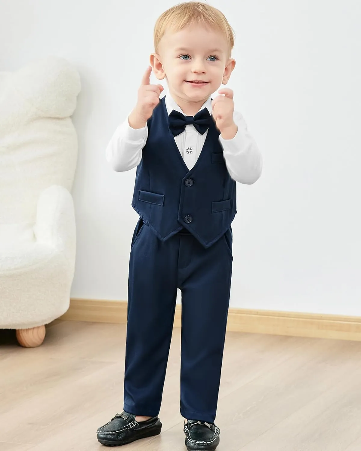 YUEMION Baby Boy Clothes Wedding Outfit Suits, 0-18 Months Infant Boy Gentleman Set, Dress Shirt Vest Suspender Pants Bowtie