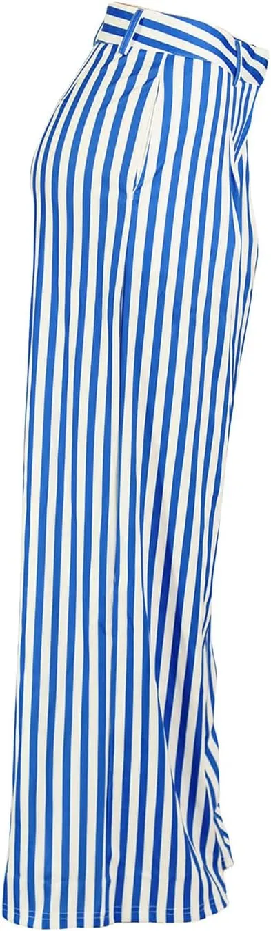 Yuopeid Women's High Waist Zip Up Long Pants with Pockets Fashion Striped Printed Wide Leg Pants Casual Trousers