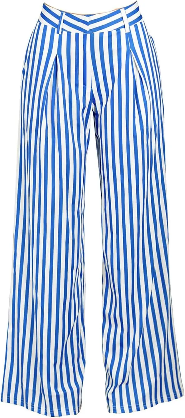 Yuopeid Women's High Waist Zip Up Long Pants with Pockets Fashion Striped Printed Wide Leg Pants Casual Trousers