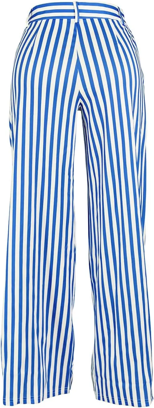 Yuopeid Women's High Waist Zip Up Long Pants with Pockets Fashion Striped Printed Wide Leg Pants Casual Trousers