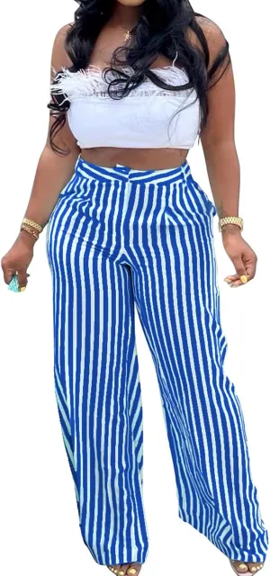 Yuopeid Women's High Waist Zip Up Long Pants with Pockets Fashion Striped Printed Wide Leg Pants Casual Trousers