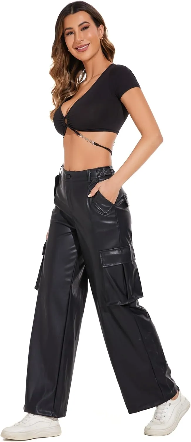 Zebaexf Women's High Waist Faux Leather Pants Straight Leg Jeans Leather Look Pants