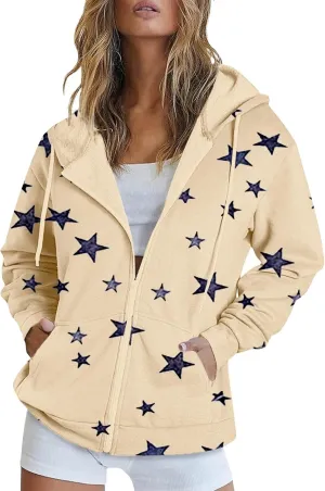 Zip Up Hoodie Women Oversized Sweatshirt Star Graphic Fleece Y2K Jacket Pockets Fall Outfits Casual Fashion Clothes