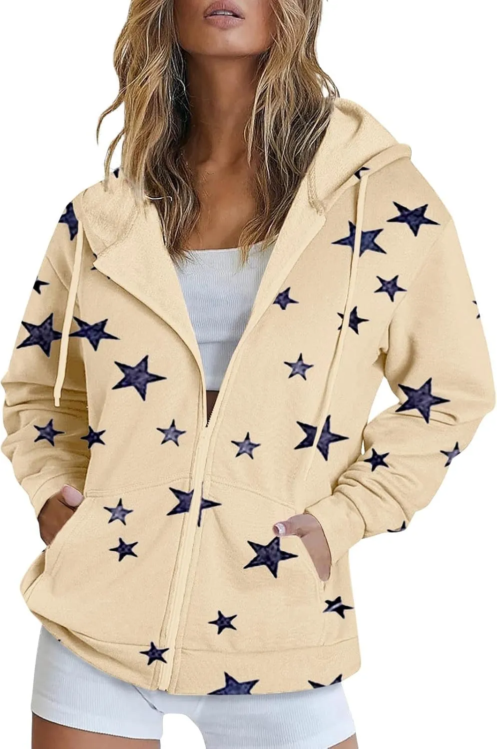 Zip Up Hoodie Women Oversized Sweatshirt Star Graphic Fleece Y2K Jacket Pockets Fall Outfits Casual Fashion Clothes