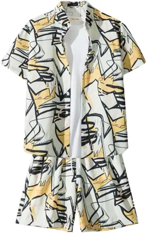 ZYXTIM Mens Hawaiian Shirt and Shorts Set Funky Beach Funny Print Short Sleeve Aloha Tops Swim Shorts Summer Beach Outfits